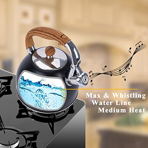 Foedo Tea Kettle, 102 Oz / 3 Liter Tea Pots For Stove Top With Wood Pattern Handle, Food Grade Stainless Steel Whistling Tea Kettle Stovetop-Black #TOP5
