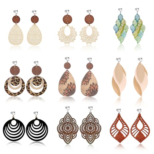 Vintage Dangle Earrings Clip on Earrings Women, 2 Options for Piercing Ears & Non-pierceing Ears, Bohemian Boho Earrings Geometric Wooden Jewelry African Earrings for Black Women