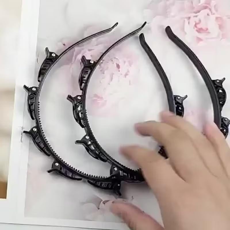 double layer headband with clips (pack of 2, black & brown) - toothed braid tool for easy diy hairstyles - twist plait hairpin headband for women & girls - bangs hairstyle hair accessories