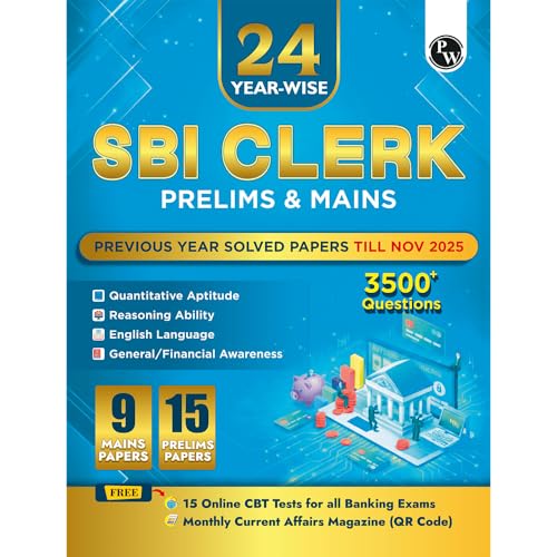 Image of PW 24 SBI Clerk Prelims & Mains Previous Year Solved Papers (Till Nov 2025) with 15 Online CBT Tests For 2026 Exam | 3500 PYQ Questions | Fully Solved