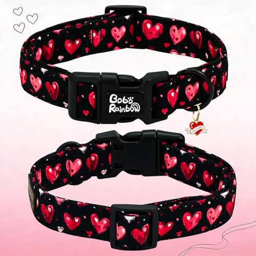 Image of Valentine's Black Base Red Heart Dog Collar for X-Small Dogs | Valentine Pet Outfit,Wedding,Anniversary,Daily Walks,Adjustable,Cotton,Quick Release Plastic Buckle,Pendant,Female /Male Dog