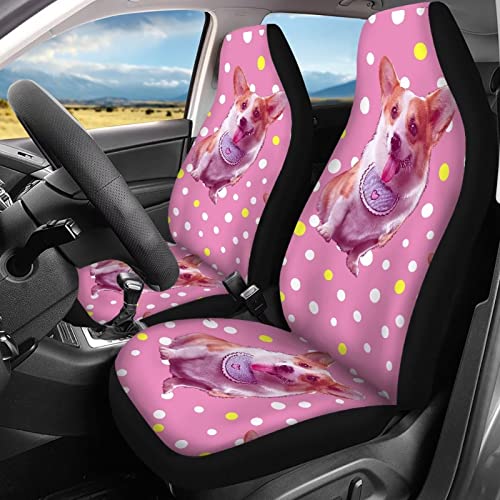 Image of Modysero Yellow Polka Dots Corgi Print Pink Car Set Cover Full Set Durable Soft Front Rear Bench Seat Cover Set for Women Elastic Breathable Automotive Seat Protector Universal Fit All Cars Trucks