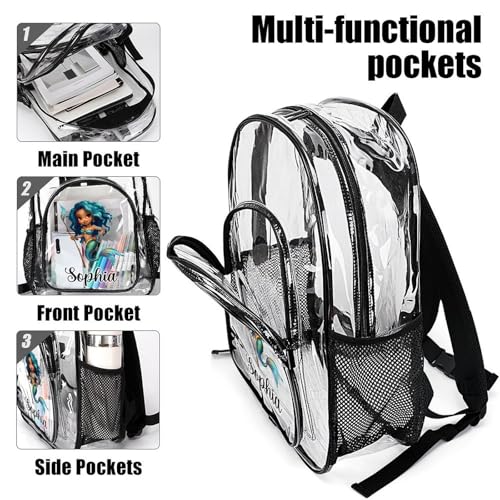 Personalized Beautiful Mermaid Clear Backpack for Kids Custom School Transparent Backpack for Boys With Name Back To School Gifts for Boys Girls Travel PVC Book Bags4