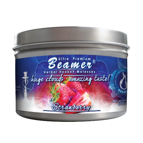 Strawberry BeamerÂ® Ultra Premium Hookah Molasses 250 gram tin. Huge Clouds, Amazing Taste!Â® 100 % Tobacco, Nicotine & Tar Free but more taste than tobacco! Compares to Hookah Tobacco at a fraction of the price! GREAT TASTE, LOTS OF SMOKE & SMELLS G
