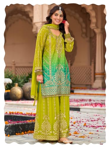 Image of INDO ERA Women's Silk Blend Embroidered Straight Kurta & Palazzo with Dupatta Set (IEOUT10598)