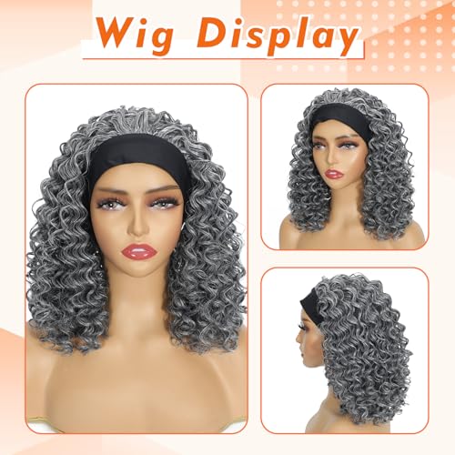 Matthia Grey Headband Wig 12inch Short Kinky Curly Headband Wigs for Black Women Short Curly Headband Wig Synthetic with Headband Glueless No Lace Easy Wear Daily Partly Wig — view 3
