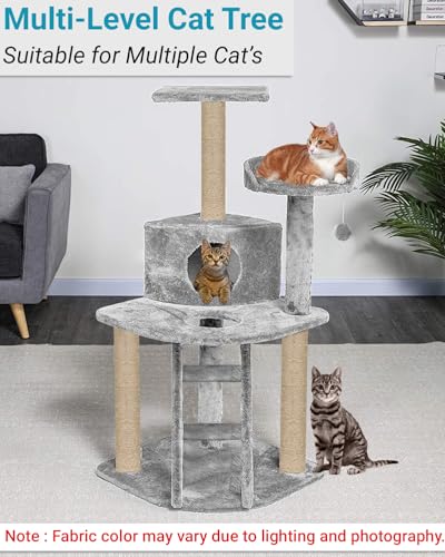 Image of Plush Fur Fabric Kitten Cat Tree - Climbing Ladder | Top Perch | Spacious Condo | Furry Ball | Jute Rope Scratching Posts (Medium) (Grey - FURR-49)