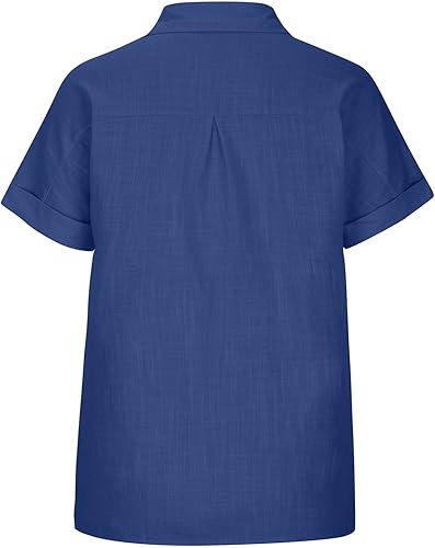 Miniatura 3 de SMIDOW Camisas de lino de algodón con botones para mujer, cuello en V, manga corta, enrollables, blusas de cuello holgado, blusas casuales de trabajo