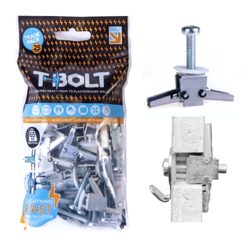 T-Bolt Heavy Duty Metal Plasterboard Fixing - Trade Bag of 25 - Holds up to 65kg per Fixing! [Plasterboard] [Drywall] [Cavity Wall] [Heavy Duty] [Drill]