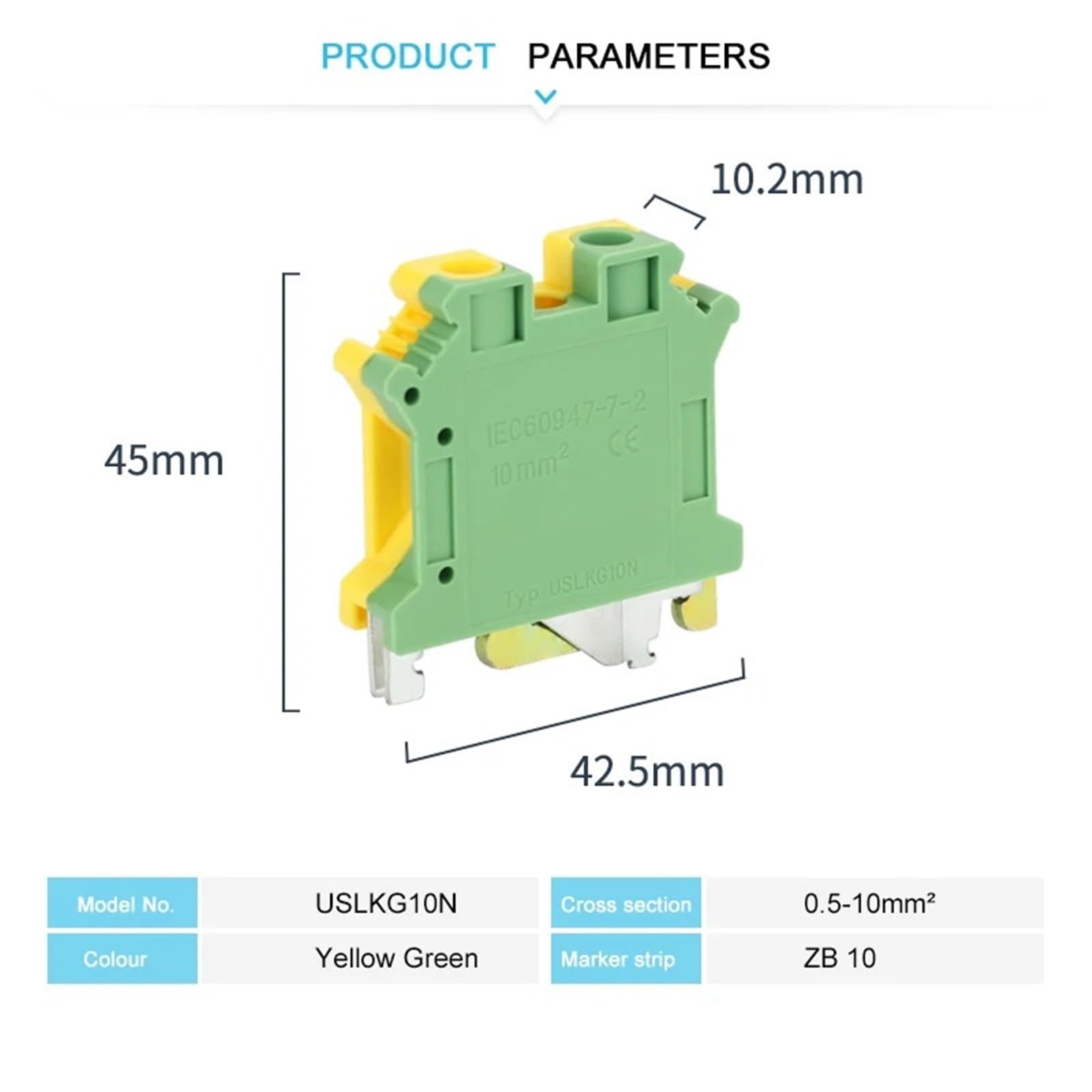 USLKG10N Morsettiera modulare a vite for terra for UK-10N, connettore elettrico for guida DIN con filo da 10 mm² USLKG10 USLKG-10N(10 Pcs)
