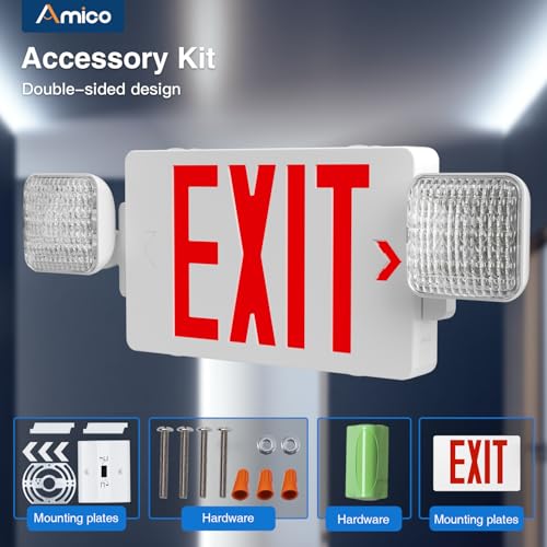 Amico 4 Pack Double-Sided Exit Sign with Emergency Lights, Two LED Adjustable Head with Battery Backup, ETL Certified, AC 120/277V, Commercial Emergency Lights Combo for Business