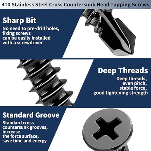 Miniatura 3 de Xrxymq M4.2x45 Mm Tornillos Roscachapas Negro 80 Piezas Tornillos Autorroscantes 410 Acero Inoxidable Tornillo Roscachapa Cabeza Plana Autorroscantes Para Fijación Muebles Instalación Electromecánica