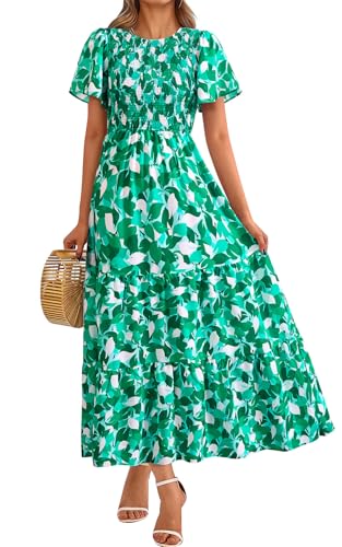 Image of PRETTYGARDEN Women's 2026 Summer Casual Flutter Short Sleeve Boho Floral Maxi Dress Crew Neck Smocked Tiered Long Dresses