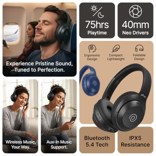 Image of pTron Studio Classic w / 75Hrs Playtime, Wireless Over Ear Headphones w /HD Mic, Dual Device Pairing, TruTalk AI-ENC Calls, Low-Latency Game & Music, Deep Bass, BT5.4 & Type-C Charging (Black)
