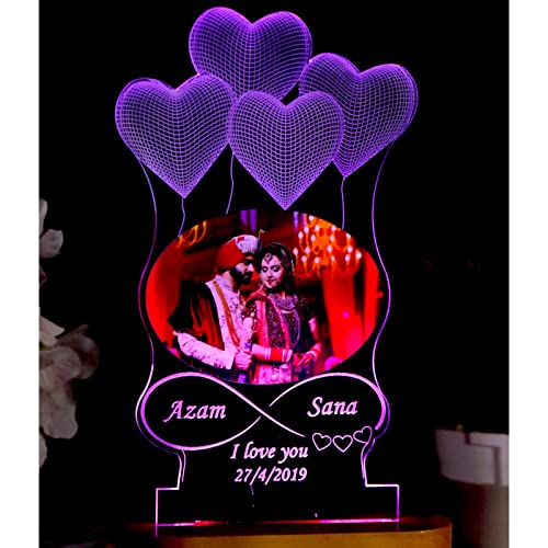 Image of Personalized 3D Illusion LED Night Lamp with Custom Heart-Shaped Photo and Engraving for Couple Gift Anniversary, Wedding, Marriage, Valentine Day Girlfriend Boyfriend- Multicolor