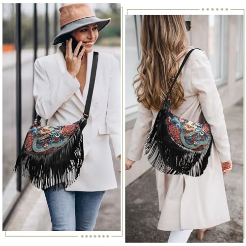 Image of CEBUGI Women's Fringe Crossbody Tassel Purse Celebration Chinese Dragon Hobo Shoulder Bags Crossbody Handbag with Adjustable Shoulder Straps