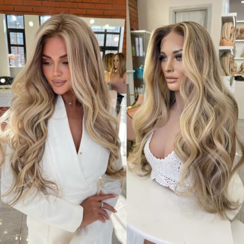 Image of Balayage Highlight Ash Blonde Lace Front Wigs Human Hair 250% Density Body Wave Ombre Human Hair 13x6 Skinliked UHD Transparent Lace Wigs Handmade Balayage Jewish Wig 26 Inch
