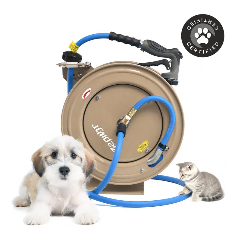 Image of Zephyr Auto-Retractable Garden Hose Reel | Heavy-Duty | Made in India | w / 3 /4in x 50ft Zephyr Hose and HD Spray Gun - Beige