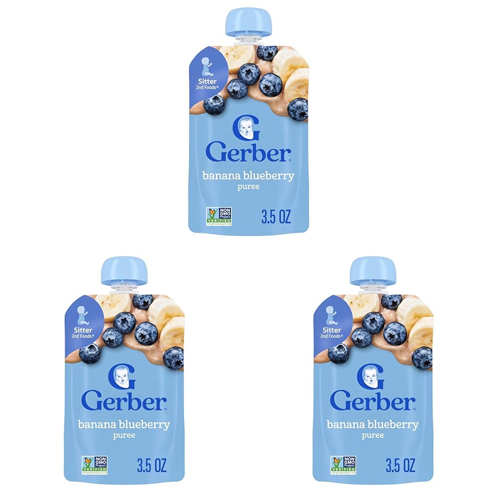 Gerber Stage 2 Baby Food, Banana Blueberry Puree Pouch, 2 Servings of Fruit, No Added Sweetener, No Artificial Colors or Flavors (Pack of 3)