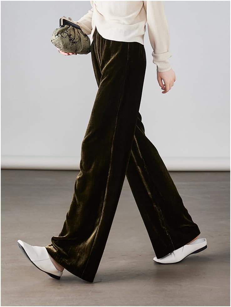 Mulberry Silk Velvet Women's Trousers, Tight Waist, Wide-Leg Casual Pants, Elegant Comfortable, Soft fine Lustrous