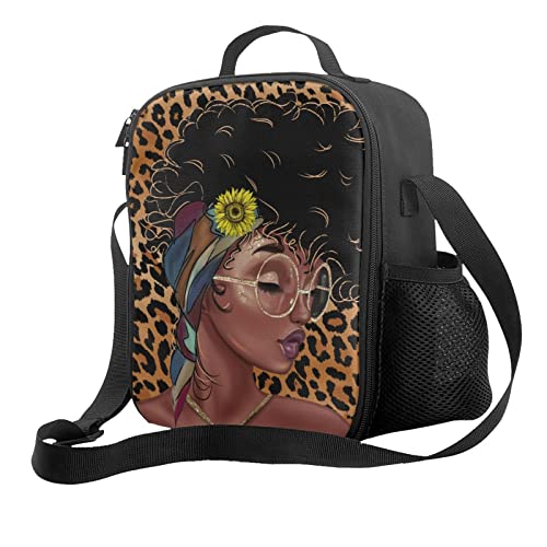 Pauseboll African American Black Girl Lunch Bag Insulated, Sunflower Leopard Print Lunch Bags For Boys Girls Teens Adult Reusable Canvas Lunch Box With Shoulder Strap And Side Pocket #TOP10
