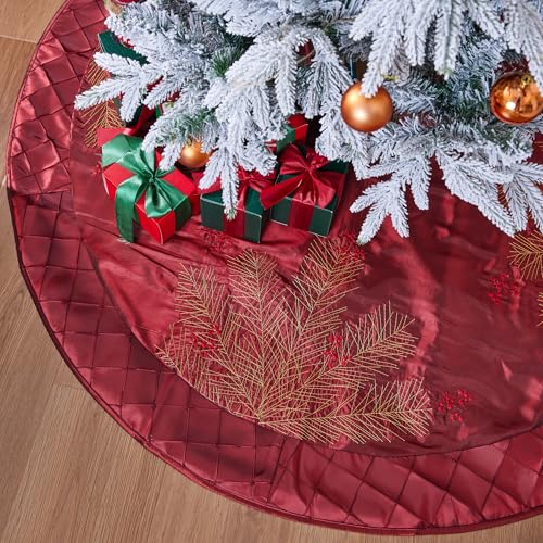 XSem-Deluxe-Embroidered-Pine-Branches-Cherry-with-Pintuck-BorderExtra-LargeChristmas-Tree-Skirt-50 XSem Deluxe Embroidered Pine Branches Cherry with Pintuck BorderExtra LargeChristmas Tree Skirt 50
