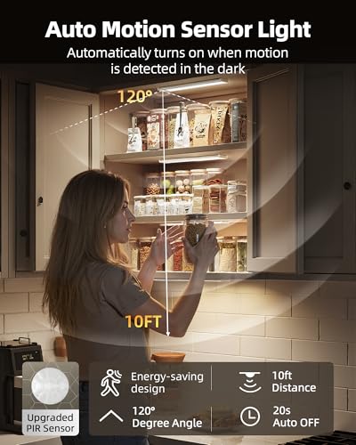 Image of Under Cabinet Lighting, 12inch Rechargeable Motion Sensor Light Indoor, 2400mAh Battery Operated Closet Lights, with Dimmable & 3 Color Temps, Wireless Under Counter Lights for Kitchen,Stairs(6Pack)