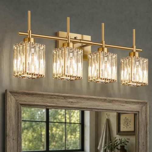 Image of Torondo Modern Crystal Bathroom Vanity Light 4-Lights Brushed Gold Bathroom Light Fixtures Over Mirror Brushed Gold Vanity Lighting Fixtures Square Shade Brass Wall Sconce (Bulbs Not Include)