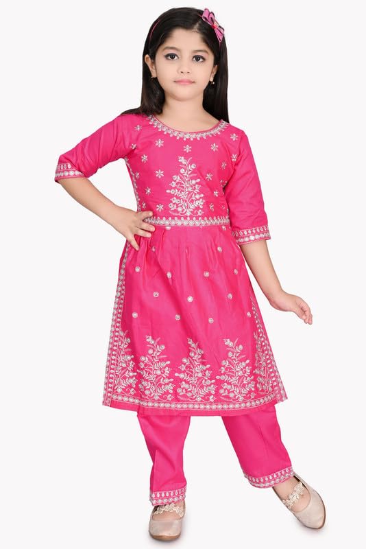 Image of Girls Ethnic Cotton Kurta and Straight Pant Set with Silky Dupatta