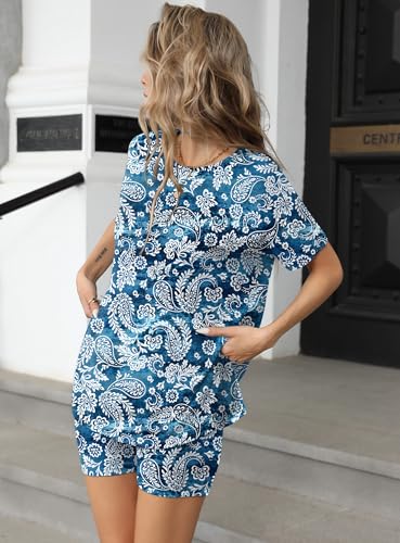 Image of Ekouaer Women's 2 Piece Lounge Set 2026 Summer Biker Shorts Set Outfits Short Sleeve Oversized Top Matching Tracksuit