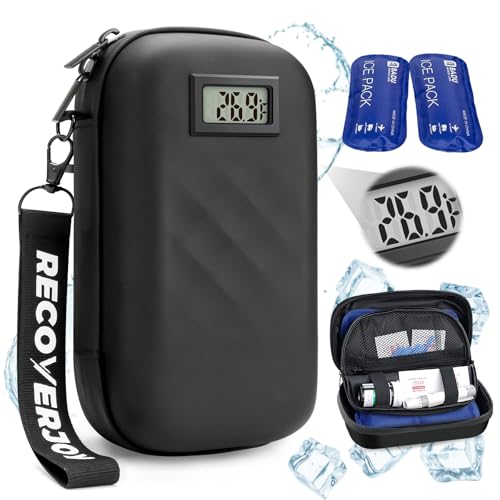 Image of Insulin TSA Approved Insulin Cooler Travel Case Diabetic Medication Bag with Temperature Display Small Refrigerated Medicine Diamond Pattern Organizer Bag for Travel & 2 Ice Pack-Black