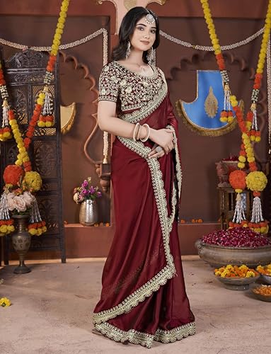 Image of DHARMEE Women's Elegant Designer Sarees Premium Rangoli Fabric with Embellished Border, Lightweight and Stylish Ethnic Wear - Perfect for Parties, Weddings, and Festive Occasions..