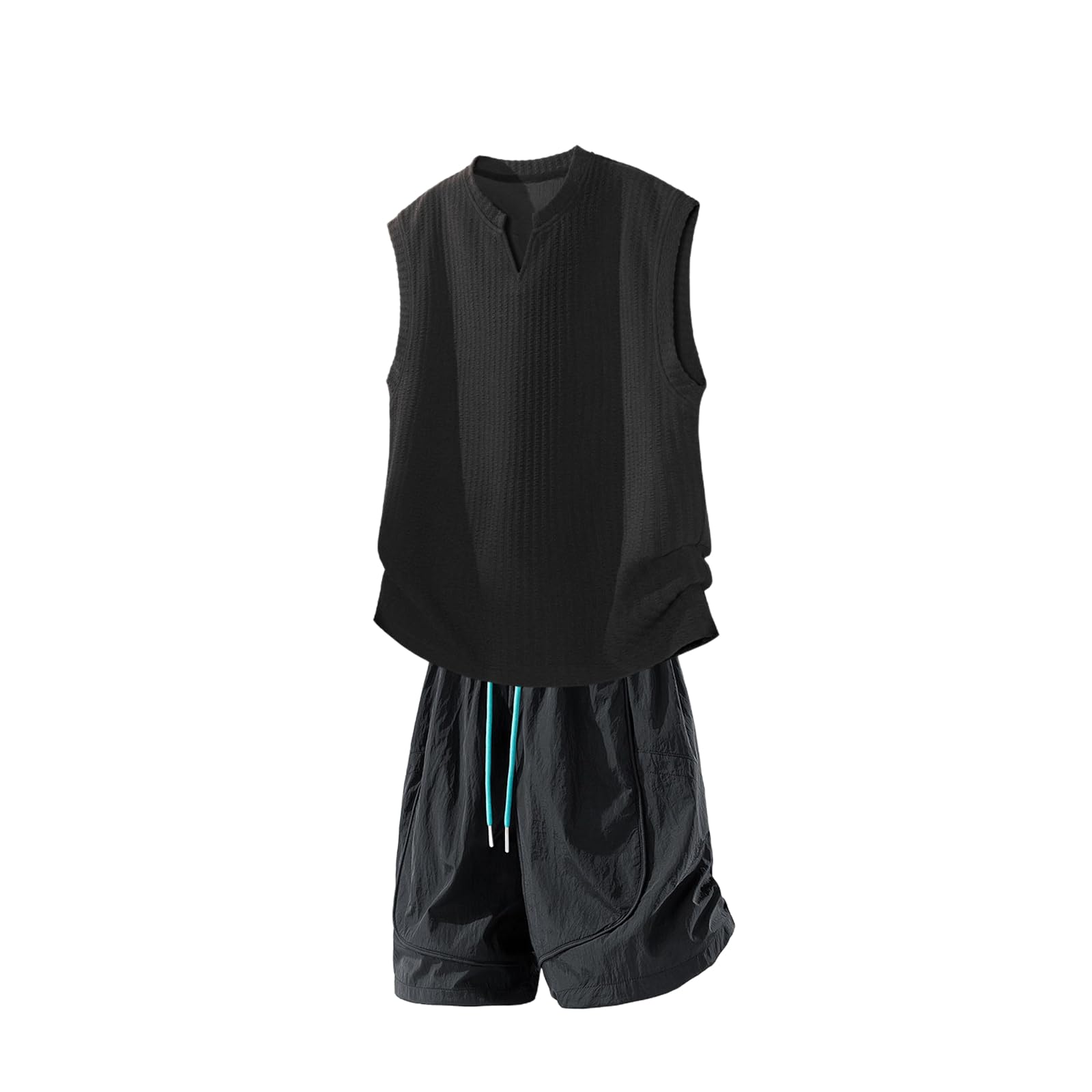 Męski dres do joggingu, luźny, dekolt w serek, tank top, szorty Home Wear 2-częściowy na lato