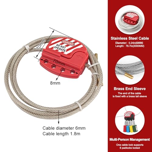Image of Lockout Tagout Cable Lock | 0.24'' x 71'' Adjustable Loto Locks | PVC-Coated Steel Cable for Valves & Panels | OSHA Compliant