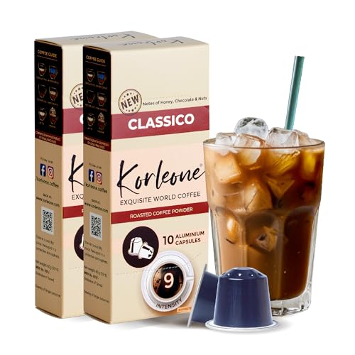 Image of KORLEONE Classico Aluminium Nespresso Compatible Coffee Pods 20 Capsules (Pack of 2) Arabica Robusta Blend Intensity 9 Medium To Dark Roast Level 200 Grams