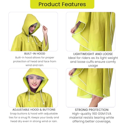 Image of HACER EVA Raincoat Poncho 160 GSM with Adjustable Hood Full Sleeves Knee Length Universal Size Waterproof Outdoor Rainwear for Women Camping Trekking Hiking (Pack of 1, Yellow)