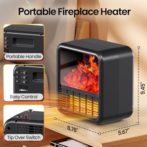 Image of Riseon Small Fireplace heater for Indoor use with Realistic 3D Flame, Space Heater with Thermostat, 1500W /750W PTC Ceramic Heating, Tip-Over Safety Switch, Black