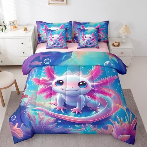 Erosebridal Cute Axolotl Kids Bedding Set Cartoon Ocean Axolotl Twin Comforter Set 7 Piece for Teen Boys Girls Blue Sea Wildlife Bed in A Bag Underwater World Sheet Set with Comforter