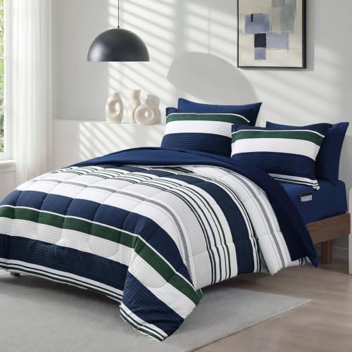 Image of Monbix Queen Comforter Set - 7 Pieces Bed in a Bag Queen, Indigo Blue-Stripe Bedding Sets, All Seasons Comforter Bed Set with Sheets, Pillowcases & Shams
