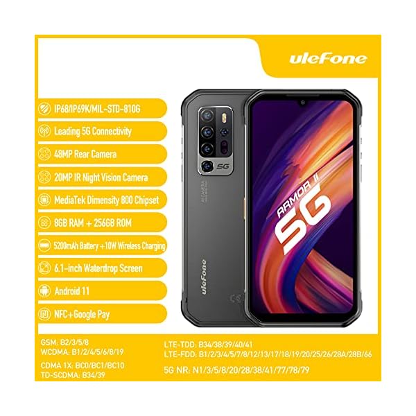 5G Rugged Smartphone, 8GB + 256GB, 5G Network,48MP Four Rear Ai Camera Night Vision Camera,6.1" Screen Android 10, 5200mAh Battery Waterproof Cell phone, NFC Wireless Charging IP68 Ulefone Armor 11 5G