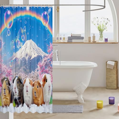 Image of Guinea Pig Shower Curtain for Girls Boys Kids Cute Cavy Lovely Pet Bath Curtain Rainbow Mountain Landscape Bathroom Shower Curtain Set Room Decor Cherry Tree Waterproof Polyester Curtains 72x78 Inch
