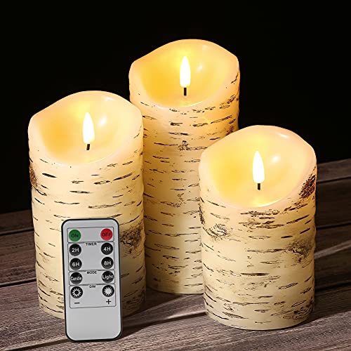 Eywamage Birch Bark Flameless Pillar Candles With Remote, Real Wax Flickering Led Battery Candles Set Of 3, Φ 3" H 4" 5" 6" #TOP4