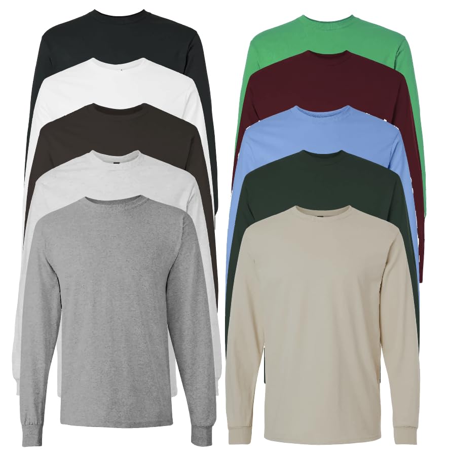 EVERYDAY TEES Men's Heavy Cotton Long Sleeve Shirt (Pack of 10), Assorted Mixed Color Small to 4XL (US, Alpha, Medium, Regular, Regular, Assorted)