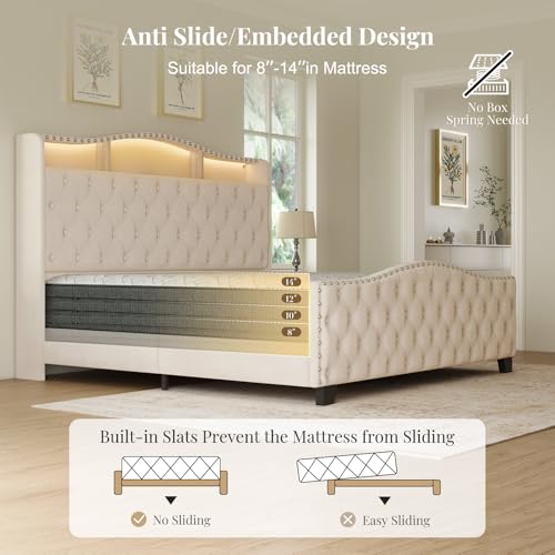 Image of Belffin King Size Bed Frame and Headboard, 50.9 inch Velvet Upholstered Wingback Bedframe with LED Lights & Storage /Charging Station, Button Tufted Tall Footboard, No Box Spring Needed, Noise-Free, Beige