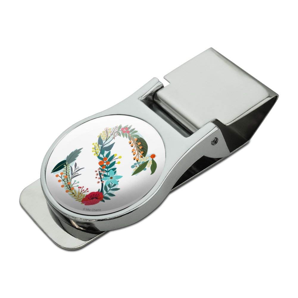 Letter S Floral Monogram Initial Satin Chrome Plated Metal Money Clip