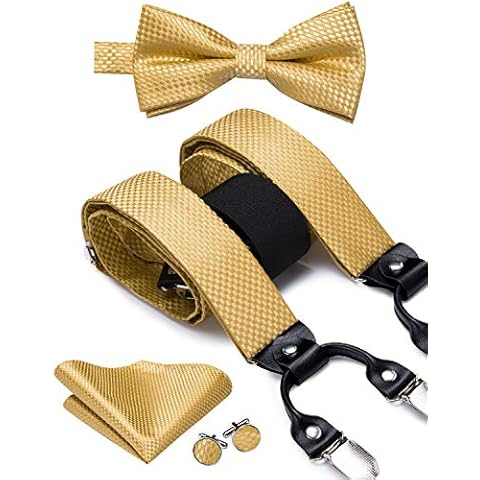 Dubulle Gold Suspender Bow Tie Mens Suspender Braces with Strong Clips Pocket Square Cufflinks Set Cover