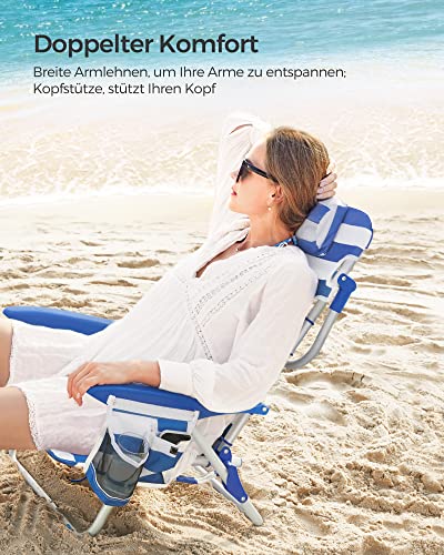 SONGMICS Strandstuhl, Campingstuhl, faltbar, mit Schultergurt, verstellbare Rückenlehne, Kopfstütze, Armlehne, 2 Seitentaschen, Blau und Weiß GCB62BU 4
