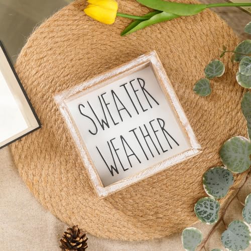 Image of Embossed Sweater Weather Sign, Rustic Fall Decorations for Home, Fall Centerpieces for Table Cubicle Desk Mantel Fireplace, Autumn Tiered Tray Decor