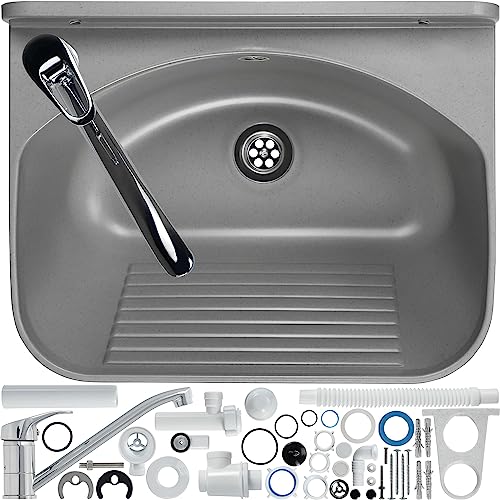 GOSPO Fregadero con grifo giratorio, sifón, lavabo 46 x 36 x 20 cm, lavadero para garaje, lavabo, sótano, montaje en pared, en placa, fregadero, incluye accesorios (gris)