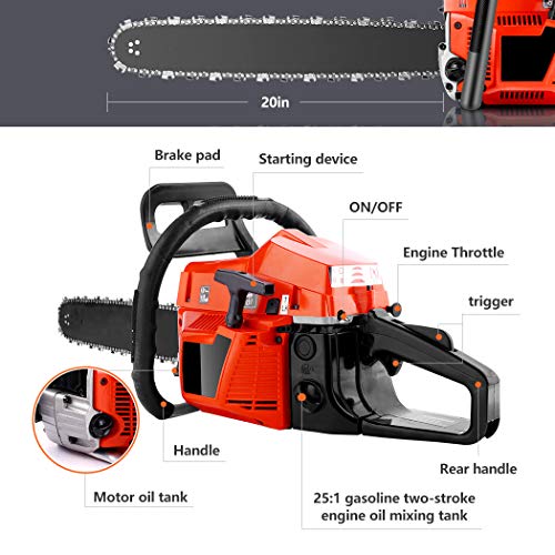 OppsDecor XP2300 58cc Gas Powered Chainsaw, 20 Inch 2 Stroke Handed Petrol Gasoline Chain Saw for Cutting Wood with Tool Kit,Garden Farm Home Use (US Stock) (Orange Cadmium)